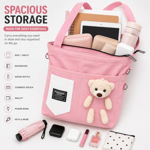 Image of BROGBUS Canvas Tote Bag for Women with Teddy Bear Charm Adjustable Sling Strap, Zipper Closure, College Travel Shopping Bag