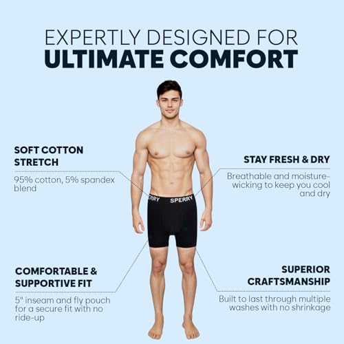 Sperry 4-Pack Mens Premium Cotton Stretch Boxer Briefs – Everyday Comfort Cotton Mens Boxer Briefs with Fly Pouch & 5” Inseam4