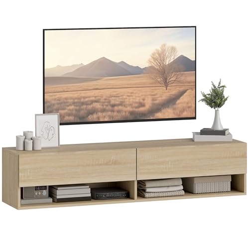 HOMCOM Mueble de TV Suspendido, Mueble de TV para Salón con 2 Cajones Abatibles, 2 Estantes Abiertos, Gestión de Cables, Estilo Moderno, para Televisión 60 Pulgadas, 140x32x31 cm, Madera Natural