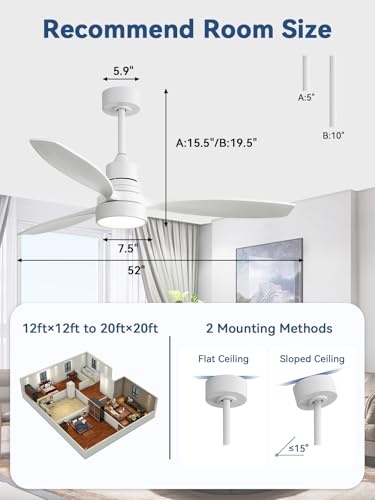 Image of Sofucor White Ceiling Fan with Lights and Remote, 52 Inch Modern Wood DC Motor Ceiling Fan with Downrods, for Farmhouse Bedroom Living Room Dining Room Patio Porch, Reversible, 3 Blades
