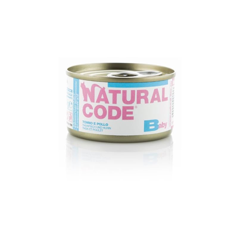 Natural Code Umido Gatto Kitten Baby gusto TONNO e POLLO, alimento completo in sfilaccetti per gattini cuccioli fino a 4 mesi di età, altamente digeribile | 12 scatolette da 85 grammi l'una.