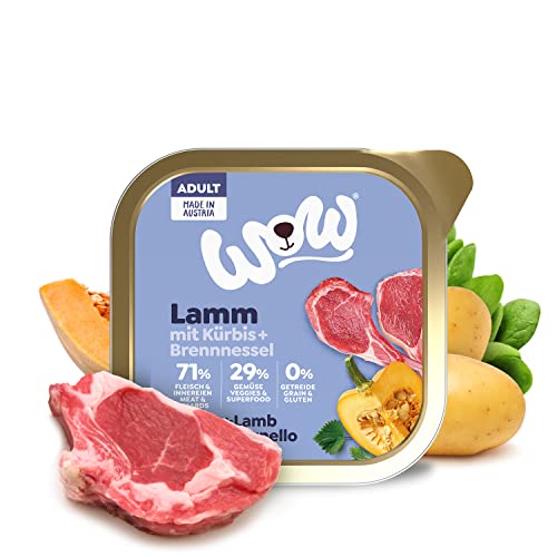 WOW Hundefutter nass Adult mit Lamm, 11x 150g I reichhaltiges Nassfutter für ausgewachsene Hunde aller Rassen I beste Qualität mit viel Fleisch, Kürbis & Brennnessel I hohe Akzeptanz & Verträglichkeit