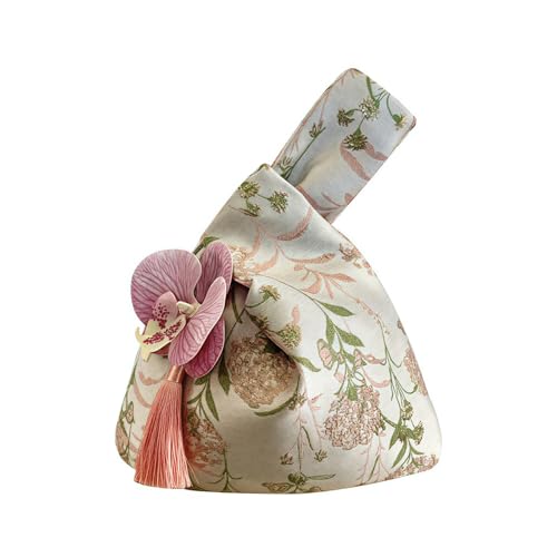 HIMKI Bolsa de novia Clásica Boda Bolso con Flores Hilo Dorado Jacquard Borla Bolso de Novia Satén Boda Muñeca Elegante Bolsa de Regalo para Boda y Fiesta, Rosa.