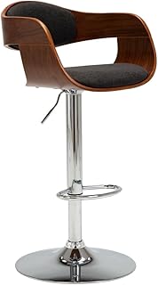 Adjustable Height Bar Stool with Grey Fabric Seat and Chrome Frame, Bent Wood Design for Dining Room and Home Bar, Ergonomic and Modern Furniture