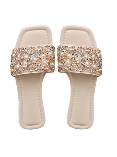 BEAUDRM Womens Sparkly Dressy Flat Sandals Glitter Jeweled Pearls Beaded Slippers Open Toe Slide Shoes White Gold 8.5