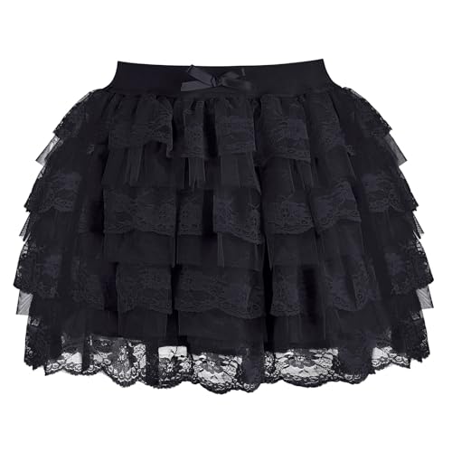 Zhitunemi Women Lace Mini Skirt: Low Rise Pleated Ruffle Short Skirts for LARP Cosplay, Masquerade & Themed Events Aged 20-30 Black-XS
