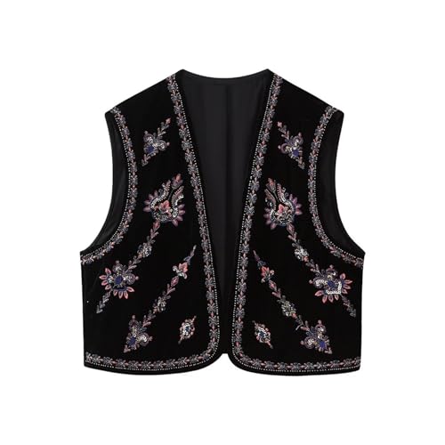 Image of Women Vintage Floral Embroidered Vest Y2K Sleeveless Open Front Cardigan Boho Linen Cropped Waistcoat