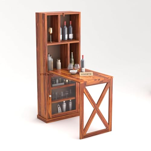 Image of SUNCOM Solid Sheesham Wooden Bar Cabinet for Home - Wooden Wine Rack for Home Bar - Foldable Modern Bar with Shelves & Glass Door Storage (Honey)