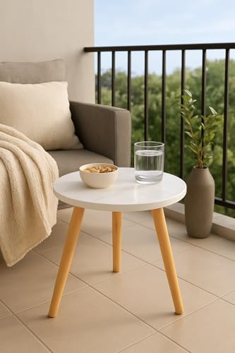 Image of Brown Art SHOPPEE Round Side Table, Small End Table for Living Room, Modern Wood Accent Table Coffee Side Table with Wood Legs for Small Space, Easy Assembly,(12Dx13H Inches) (White)