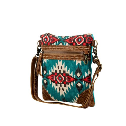 Myra Bag Crossbody Mini Purses - Tribe of the Sun Upcycled Woven Rug Design with Leather Accents, Zippered Pockets, Cellphone Crossbody Purse2