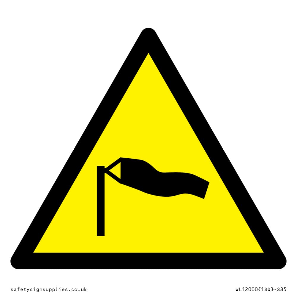 W064 Warning: Strong winds Sign - 85x85mm - S85, Yellow/White