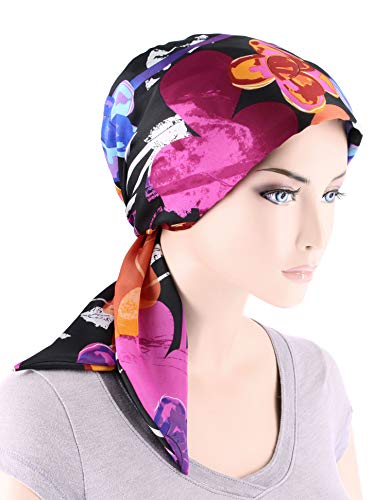 Chemo Fashion Scarf Easy Tie Turban Hat Headwear for Cancer Black Plum Water Floral