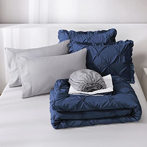 JOLLYVOGUE Navy Blue/Gray Cal King Size Comforter Sets 7 Pieces, Pintuck Bed in a Bag Comforter Set for Bedroom, Bedding Comforter Sets with Comforter, Sheets,Ruffled Shams & Pillowcases