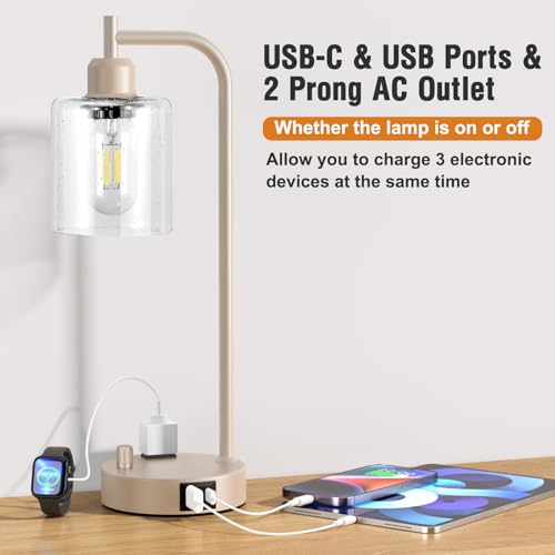 Industrial Table Lamps for Bedrooms Set of 2 - Fully Dimmable Bedside Lamps with USB Ports and Outlet, Champagne Gold Nightstand Lamps with Glass Shade for Living Room, Desk Lamps for Office Reading
