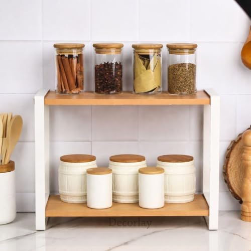 Image of Decorlay Metal & Wooden Spice Rack Organizer Space Saver Counter-top Storage for Kitchen, Bathroom, Office, and Cosmetics (White + Beech, Two - Tier)