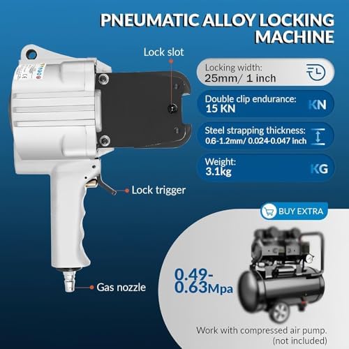 3-in-1 Pneumatic Steel Strapping Machine, Heavy Duty Metal Strapping Tool Set, Portable Tensioner Cutter Sealer for 19mm Steel Bands, Efficient Packaging Solution