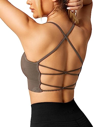 ZAAYO Damen Gym BH Gepolstert Crossback Fitness Sport Bra Abnehmbarer Brustpolster Yoga Tops Gestrickte Nahtlose Sportbekleidung Chestnut Brown Small