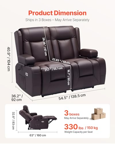Image of VEVOR Loveseat Recliner Sofa with Massage & Heat, Power Reclining RV Couch, PU Leather Electric Recliner Sofa with USB & Outlet /Storage /Cup Holders /Pockets, Home Theater Seating for Living Room