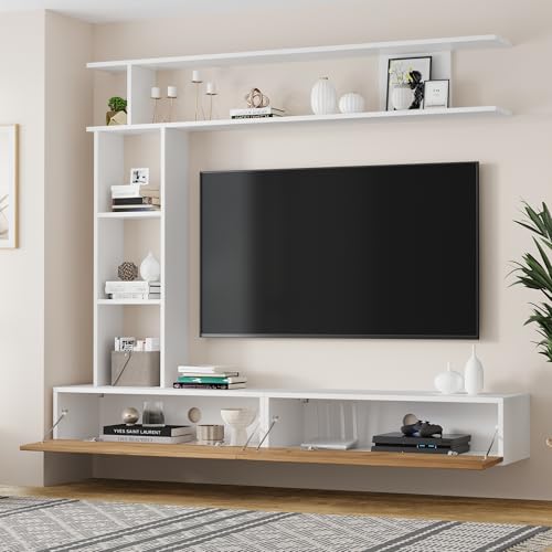 OKMYHOME Ensemble Mural TV - Meuble TV Mural Complet avec Vitrine et Étagères - 180×35×22,5/36×20×100/170×25×25 cm - Blanc + Bois, Naturel