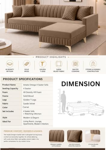Image of AMATA Falcon 4 Seater L Shape Suede Velvet Fabric Camel Colour Sofa Set with Two Cushions Perfect for Home Office Guests Living Room (Falcon Camel, Falcon 4 Seater l Shape)(3 Year Warranty)
