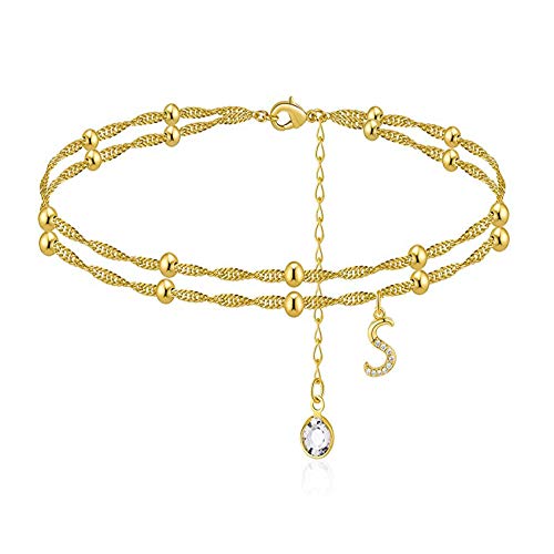 RINHOO Initial Ankle Bracelets 14K Gold Plated Crystal Double Layered Beaded A-Z Alphabet Ankle Bracelets for Women Teen Girls Jewelry (Gold-S)