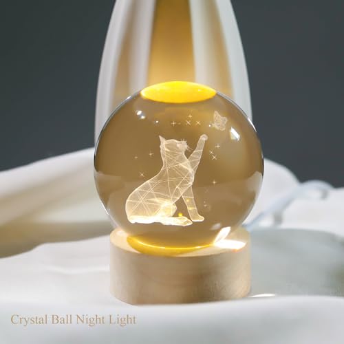 Image of Arikyrist 3D Crystal Ball Decor, Cat Figurines With Wooden Base, LED Laser Engraved Glass Sphere Gifts for Cat Lovers, (7.6 x 6.1 x 7.6 cm)
