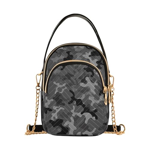 Abstract Camouflage Black Grey Woman Shoulder Handbag Trendy Cell Phone Purse Chain Strap Quilted Zipper Lady Bowler Satchel