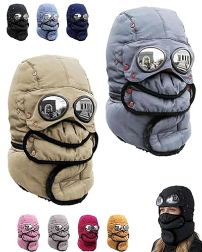 Winter Thermal Hat with Glasses Windproof Ski Mask Cap Fashion Warm Hat for Hiking Camping and Outdoor (Beige+Grey)