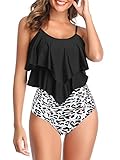 Womens Tankini Swimsuits High Waisted Bathing Suits Tummy Control Ruffled Top Swimwear Two Piece Swimming Suits 08 Black Leopard 10-12