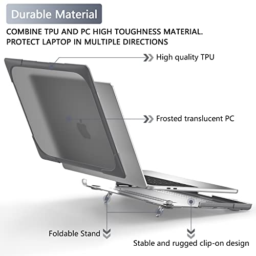 Batianda Heavy Duty Case for MacBook Pro 13 inch 2022 2020 Release A2338 M2 M1 A2289 A2251, Ergonomic Foldable Kickstand (Holds 22lbs) Matte Translucent Shockproof Cover with Spare Parts, Grey