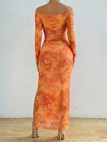 Image of LIGHT DOT Women's Printed Off Shoulder Maxi Dress Long Sleeve Bodycon Ruched Mesh Cocktail Dress