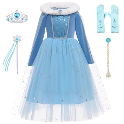 KANDEMY Fille Robe de Princesse Elsa Déguisement de Enfant Reine des Neiges Robe pour Anniversaire Noël Carnaval Cosplay Costume Party Bleu 130