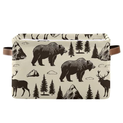 Image of Aslsiy Storage Basket Vintage Deer Bear Moose Nursery Bins National Park Baby Box Canvas Clothes Shelf Basket Laundry Hamper for Home Closet 1 Pcs