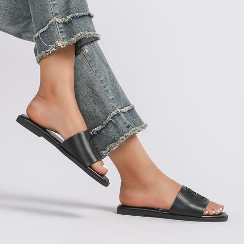 Stratuxx Kaze Womens Flat Sandals Dressy Summer Slide with Memory Foam Comfortable Cute Leather Black Sandals for Women4