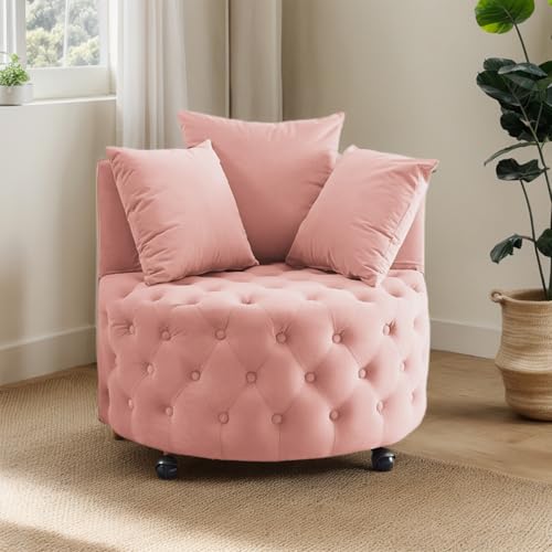 Velvet Upholstered Swivel Chair with Movable Wheels, Swivel Barrel Chair with Button Tufted Design and 3 Pillows 360 Degree Sofa Chair Modern Button Tufted Upholstered Accent Chair (Pink)