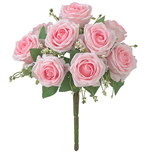 Uzinb 9 têtes artificielles Rose Bouquet de Fleurs Bouquet de mariée Fleur de soirée de Mariage en Tissu de Soie Faux décor Floral, Rose Clair
