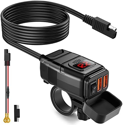 Extractme Motorcycle USB Charger, 6.8A Quick Charge 3.0 Dual USB Motorcycle Phone Charger with Voltmeter & ON/Off Switch, Waterproof Quick Disconnect SAE to USB Adapter for Phone, Tablet, GPS