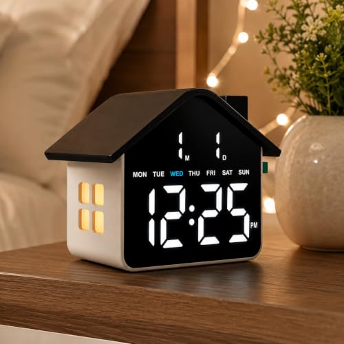 Image of Xtore Digital House-Shaped LED Alarm Clock with Date, Day & 4-Level Brightness | Modern Desktop Clock with Alarm Function for Bedroom, Office & Study Table