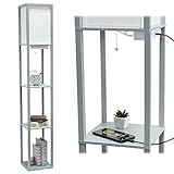 Simple Designs LF1037-GRY Organizer Storage Shelf with 2 Ports, 1 Charging Outlet and Linen Shade USB Etagere Floor Lamp, Gray
