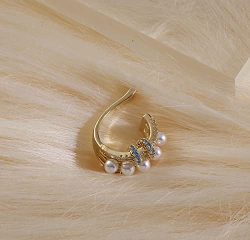 Korean Cuff Geometric Multi-Row Earring For Women Teen Girls - Copper, Gold Color, Cubic Zirconia, Simulated Pearl, Safe For Sensitive Ears, Lightweight, Ikikata 2022 K-Pop K-Drama Fashion Minimalist Trend Female Gift & Jewelry, Sold As Single #TOP3