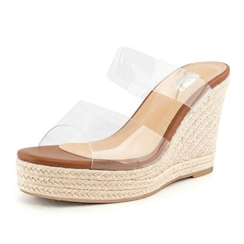 Image of WIRALOMI Women Clear Wedge Heel Sandals Slip On Espadrilles Platform Sandals Slide Summer Beach Crystal Mules Sandals