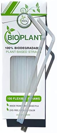 BIOPLANT 100 Pack Plant-based Corn Biodegradable Straws. Plasticless Flexible Bendy Straws, Plastic-Free disposable straws. Eco Friendly alternative to Plastic Straws & Not Soggy like Paper Straws