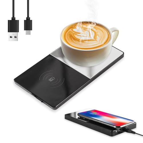 mizikuu Scaldacaffe elettrico, 2 in 1 Scalda Tazza da Caffè Elettrico con Ricarica Wireless 55 °C Scalda Bevande Riscaldatore Caffè Intelligente per tè, acqua, cacao, latte o zuppa