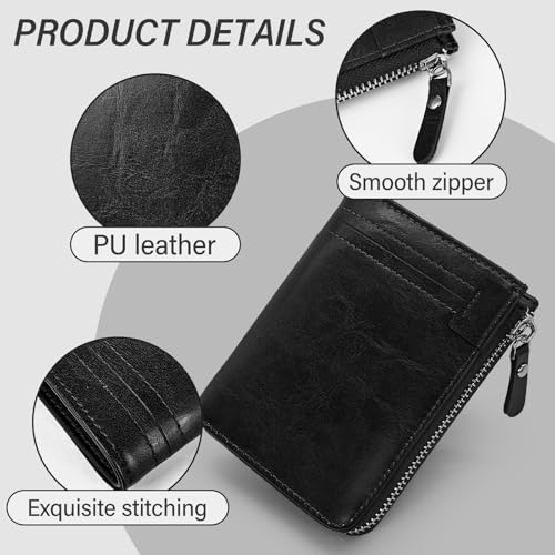 Mens Wallet, Minimalist PU Leather Wallet Bifold Card Holder Zipper Wallet with ID Window Zipper Coin Pocket (Black)3