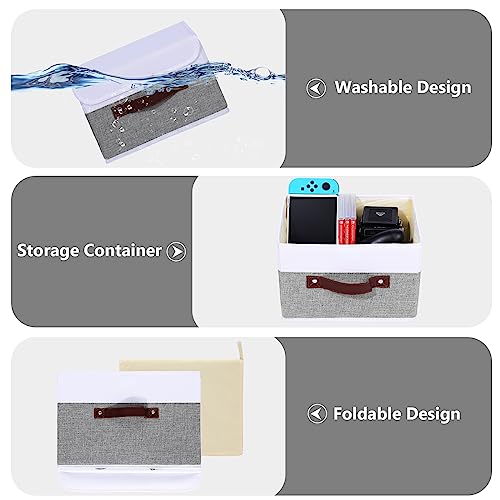 Anminy Fabric Storage Bin With Lid Pu Leather Handles Pp Plastic Board Decorative Foldable Washable Lidded Cotton Linen Storage Boxes Cubes Baskets Closet Organizer Container - Gray White, Small Size #TOP2