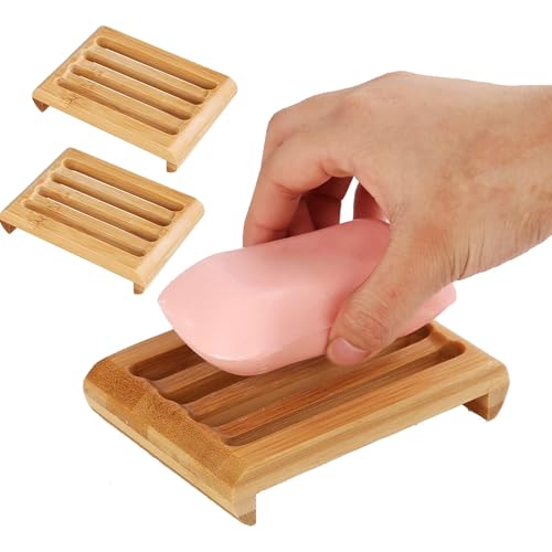 DXIA Jabonera de Madera y Cerámica Blanca, Soporte para Jabón con Bandeja de Bambú para Cocina y Baño, Esponja (3 Piezas)