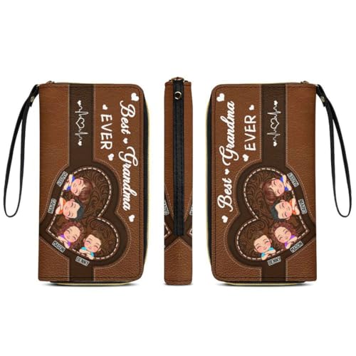 Personalized Mothers Day Women Large Capacity Long Wallet Custom Family Names Portraits Best Grandma Ever Leather Zipper Long Wallet Gift for Birthday Valentine's for Mother Nana Grandmother2