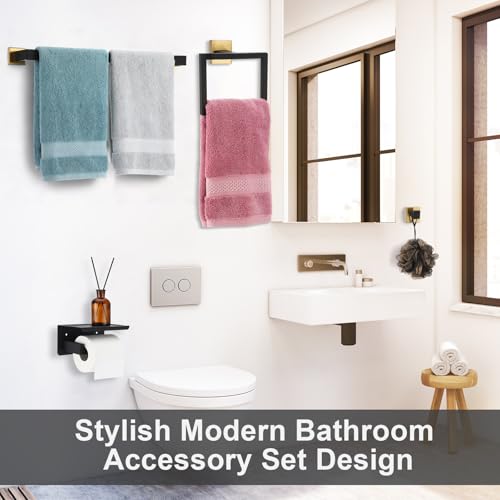 Image of 10 Pcs Bathroom Accessories Set, 24 Inch Bathroom Hardware Set, Stainless Steel Bath Towel Bar, Towel Racks, Robe Hook, Toilet Paper Holder with Phone Shelf Wall Mounted for Gifts (Black Gold)