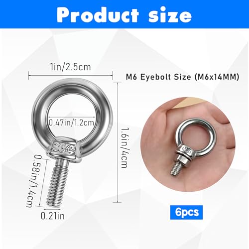 Image of 6 Pack M6 Heavy Duty Eye Bolt with Lock Nuts & Lock Washers Eye Bolts with Nuts Screw Eyebolt 0.39 inch(10mm) Stainless Steel Flat Washers Male Screw Thread Ring Shoulder Eye Bolts