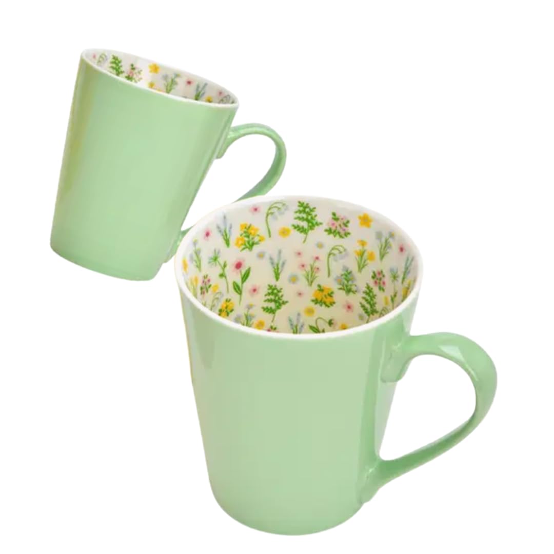 Juego de 3 tazas de café de porcelana, color pastel, interior con estampado de flores, rosa, amarillo, verde, idea de regalo de Pascua, 13 x 12 x 9 cm, 380 ml (3, rosa, amarillo y verde, juego de 3
